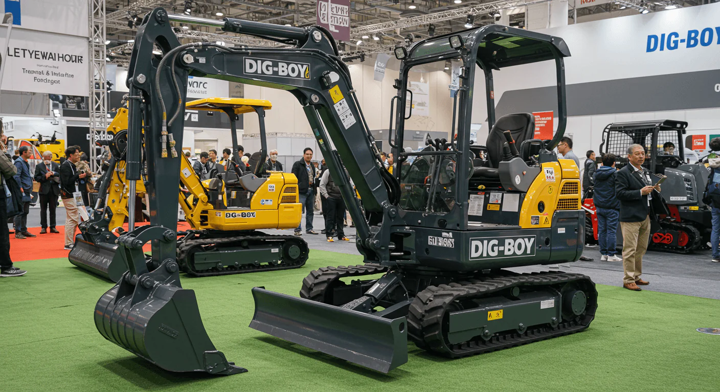 Un miniescavatore giallo del marchio cinese DIGBOY esposto alla fiera.